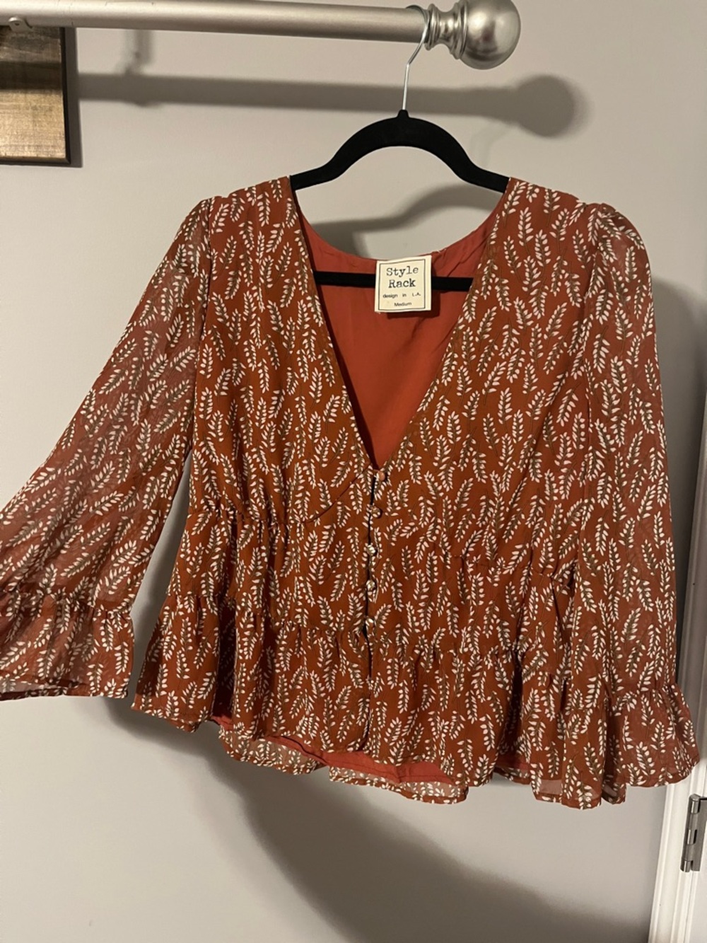 Style Rack Rust Orange Floral V-Neck Peplum Blouse